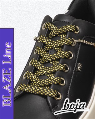 Шнурки для обуви BOJA (BLAZE Line), плоские, черные золотые, 100 см, для кроссовок; ботинок; кед; бутсов; сапог, НЕ эластичные; НЕ резиновые; НЕ силиконовые; БЕЗ фиксаторов